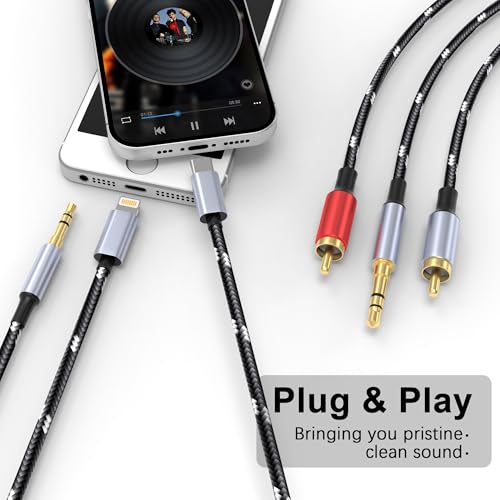 3.5mm to RCA Cable, Lightning to RCA Male to Aux Audio Adapter HiFi Sound Headphone Jack Adapter,(3 in 1 Audio Cable) Connector for iPhone/iPad Speaker MP3 Tablet HDTV(10FT) - size: 10FT, style: 3IN2RCA&3.5mm