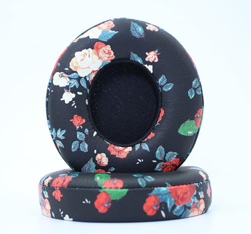 Headphone Replacement Ear Pad Cover Compatible with Beats by Dre Solo3 Solo2 Wired Wireless Headphones Protein Leather Memory Foam Headphone Cushion Ear Muffs-Black Flower - color: Black Flower