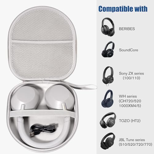 ProCase Hard Universal Headphone Case for Sony/JBL/Soundcore/TOZO - Grey | Hard Travel Storage Case with Mesh Pocket and Wrist Strap for Over-Ear Swivel Headphones, Cables and Small Accessories
