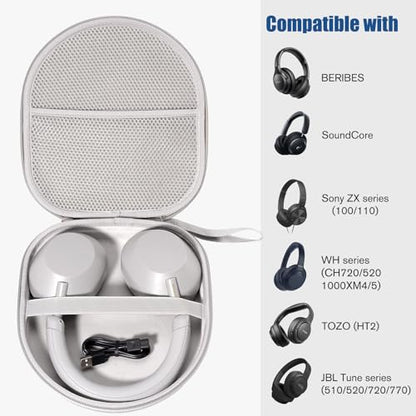 ProCase Hard Universal Headphone Case for Sony/JBL/Soundcore/TOZO - Grey | Hard Travel Storage Case with Mesh Pocket and Wrist Strap for Over-Ear Swivel Headphones, Cables and Small Accessories
