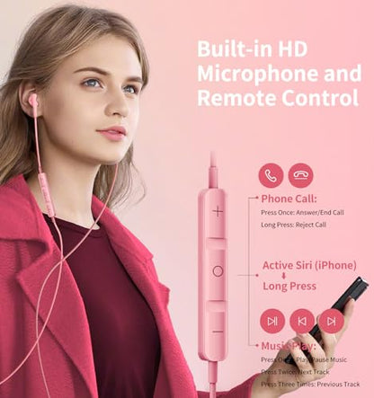 Kimwood Wired Earbuds with Microphone, Wired Earphones in-Ear Headphones HiFi Stereo, Powerful Bass and Crystal Clear Audio, Compatible with iPhone, Android, Computer Most with 3.5mm Jack - color: Pink, size: regular