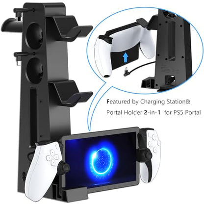 PS5 Slim Charging Station with Cooling Fan and Dual Controller Charger, RGB PS5 Slim Stand with Headset Holder & PS Portal Dock, Compatible with PS5 Slim Disc/Digital Console Gaming Accessories