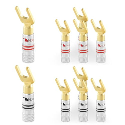 Nakamichi GrubLock 24k Gold Plated Spade Y Banana Plugs, 10-18 AWG | Excel Series, Gauge Size 4mm for Speakers Amplifier Hi-Fi AV Stereo Audio Wire Cable Screw Connector, 10 Pcs (5-Pairs) - size: 10 Pcs (5-Pairs)