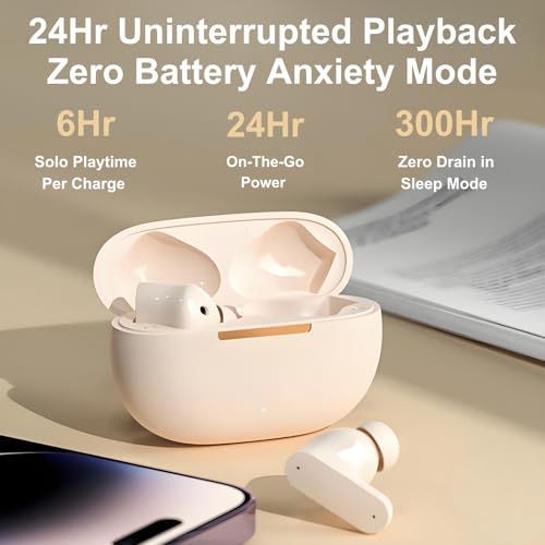 TINGER in-Ear ANC Wireless Earbuds, 35dB Active Noise Canceling Bluetooth Headphones, 24H Playtime Hi-Fi Bass Earphones with IPX4 Waterproof, Built-in Mic for Travel Workout - color: Beige