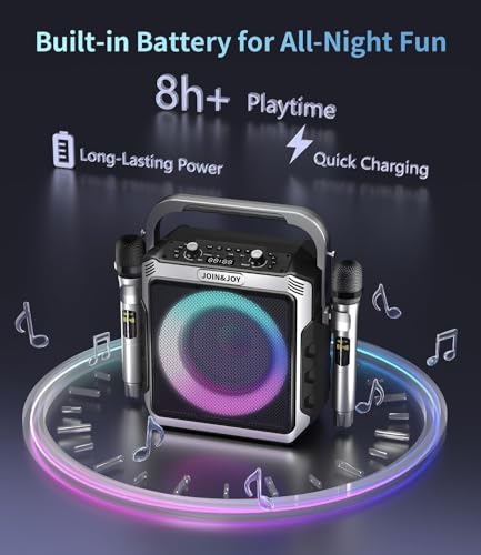 Portable Karaoke Machine, with 2 Wireless Mics, LED Lights, Loud Subwoofer, Outdoor Karaoke Speaker for Adults