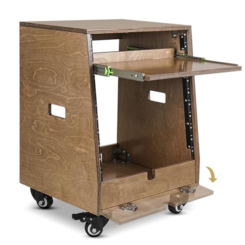 Sound Town DIY Slanted 10U Studio Rack (2U Top + 8U Lower), with 2U Bottom Storage, Slide-Out Tray, Caster, Plywood, Weathered Brown for Recording Room, Home Studio (SDRK-ST10TB) - size: 10U(2U Top + 8U Lower),Weathered Brown