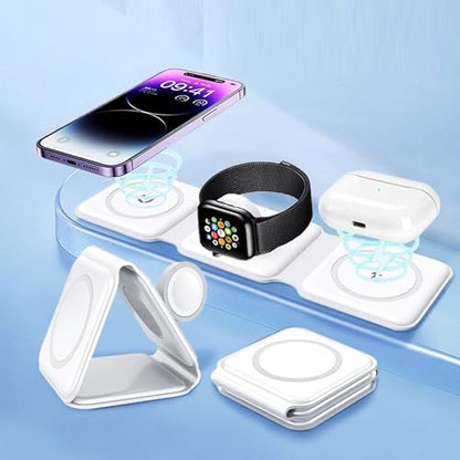 IHAO 3in1 Megnetic Attraction Wireless Charging Station Foldable Fast Charger for iPhone 15/14/13, iWatch & AirPods 15W Charging Stand with Strong Magnet Fold to Stand Multi-Device Safe Charging-White - color: 3in1 Wireless Charger K99 White