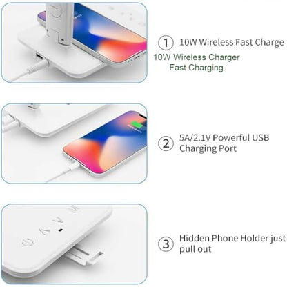 IHAO Multi-Functional Desk Lamp 10W Qi Wireless Charger 3 Color Modes 5 Brightness Levels Eye-Caring LED Light Faux Leather Finish Calendar Temperature Display Office Table Lamp TX26 Black - color: Table Lamp TX26A Black