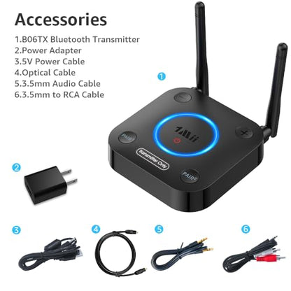 1Mii B06TX Bluetooth 5.3 Transmitter for TV to 2 Wireless Headphone/Speaker | aptX Low Latency/HD, Bluetooth Adapter for TV w/Volume Control, Optical/Coaxial/AUX/RCA Audio Inputs, Plug n Play - color: B06TX_Black