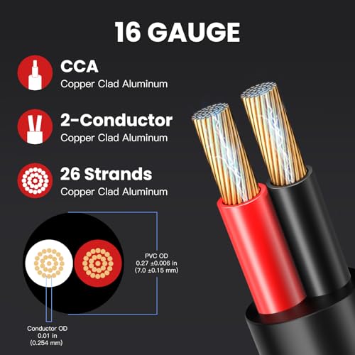 16 Gauge Outdoor Speaker Wire 50ft CL3 Direct Burial CCA Cable | CL2 Rated, 2 Conductor Stranded Core, UV and Weather Resistant, No Conduit Needed Underground, Garden Patio Pool Audio - size: 50FT, style: 16GAUGE