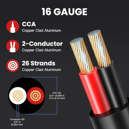 16 Gauge Outdoor Speaker Wire 200ft CL3 Direct Burial CCA Cable | CL2 Rated, 2 Conductor Stranded Core, UV and Weather Resistant, No Conduit Needed Underground, Garden Patio Pool Audio - size: 200FT, style: 16GAUGE