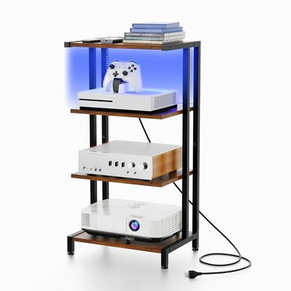X-cosrack 16.5" Small 4-Tier AV Media Stand with Power Strips,Narrow Version Wooden Corner TV Stand Shelf with LED Lights,Stereo Cabinet Audio Rack Stand Tower for Small Media Players and Boxes - style: Outlet and Light