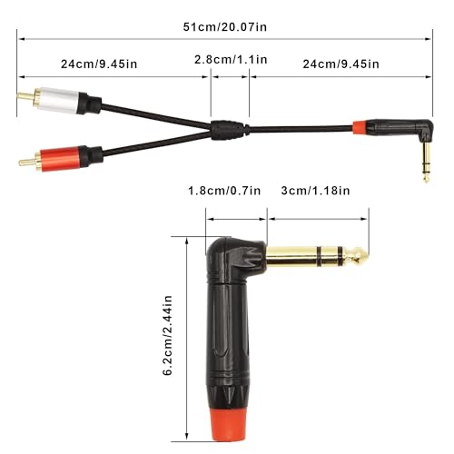 1/4 inch to Dual RCA Audio Cable 1.6ft, Gold Plated Right Angle 6.35mm Quarter inch Male TRS Stereo Plug to 2 RCA Phono Male Audio Y Splitter Cable,0.5m