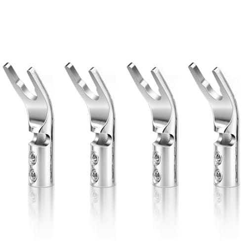 HiFi 4pc Rhodium Plated Pure Copper Speaker Spade Connectors, Dual Screw Locking Y/U Plugs - style: Spade Style-Rhodium