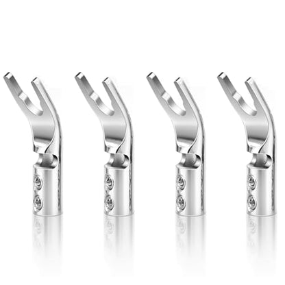 HiFi 4pc Rhodium Plated Pure Copper Speaker Spade Connectors, Dual Screw Locking Y/U Plugs - style: Spade Style-Rhodium