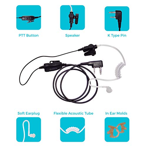 BTECH QHM07 Platinum Series Noise-Cancelling Earpiece with in-line PTT & Microphone for K1 Radios Like BaoFeng, Kenwood Radios (Includes Earmolds and Earbud, 1 Pack) - size: Single, style: QHM07 Surveillance Earpiece
