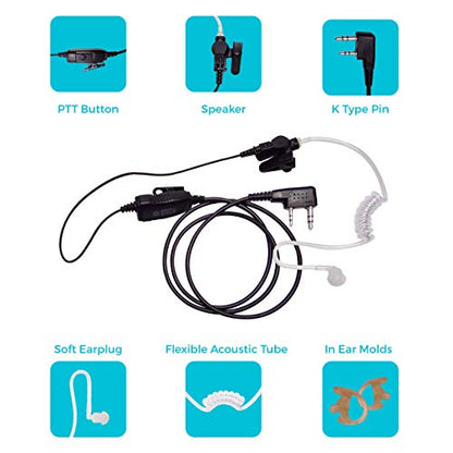BTECH QHM07 Platinum Series Noise-Cancelling Earpiece with in-line PTT & Microphone for K1 Radios Like BaoFeng, Kenwood Radios (Includes Earmolds and Earbud, 1 Pack) - size: Single, style: QHM07 Surveillance Earpiece