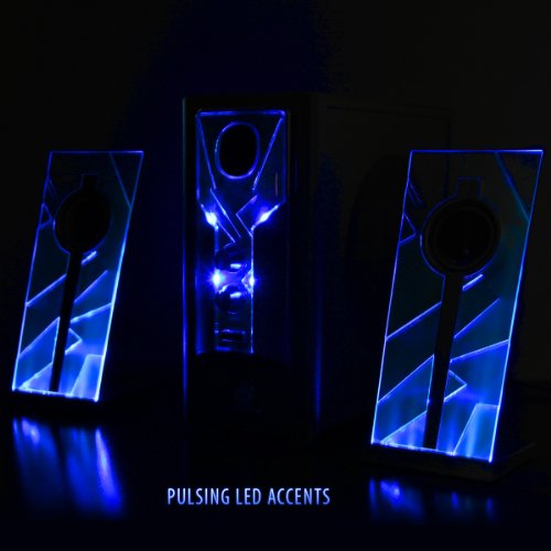 GOgroove BassPULSE 2.1 Computer Speakers with Blue LED Glow Lights and Powered Subwoofer - Gaming Speaker System for Music on Desktop, Laptop, PC with 40 Watts, Heavy Bass