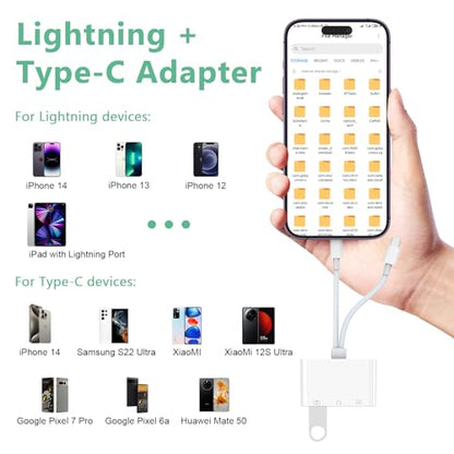 2-in-3 Lightning + USB C to 3.5mm Aux Audio Headphone Splitter Adapter Cable,USB OTG Camera Adapter+3.5mm Jack+Type-C Earphone/Charge Port,Phone Splitter for iPhone 15/14/13,Samsung,iPad,Huawei