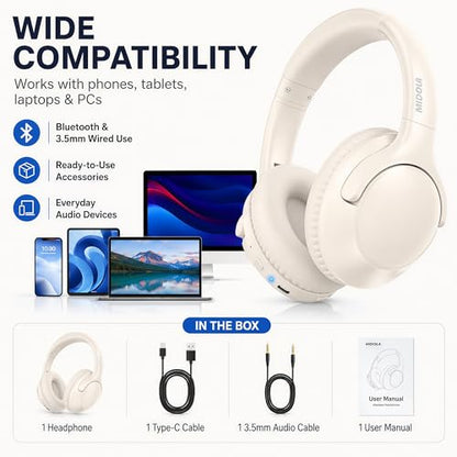 Bluetooth Headphones Wireless 68H with Mic,Decent Sound-Acceptable Milk | Adjustable Headband Foldable Over-Ear Lightweight for Office/Travel/Tablet/iPad/Laptop,HD Stereo Sound,Aux 3.5mm,White - color: Milk White