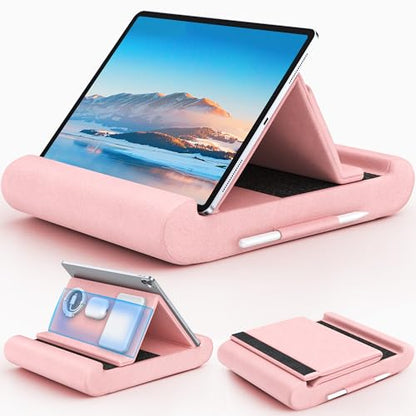 Tablet Pillow Stand, Foldable Tablet Holder for Lap, Bed, Soft Pillow Pad | with Pocket and Stylus Mount, for 4-13" Tablets, Like iPad Pro 11, 13, Air, Mini, Kindle, Galaxy Tab, Pink - color: Pink