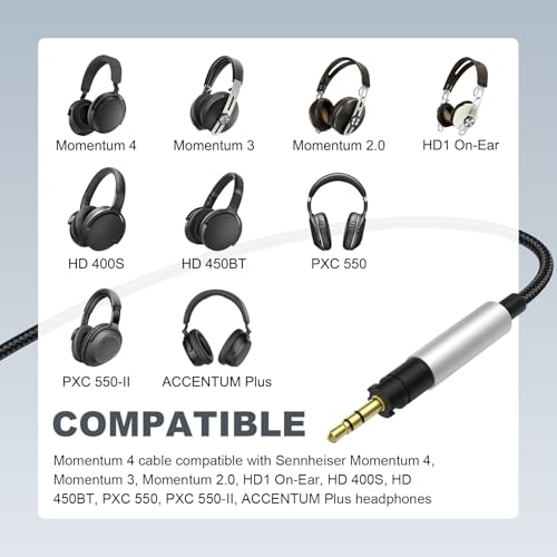 Momentum 4 Audio Cable Compatible with Sennheiser Momentum 4, Momentum 3, Momentum 2.0, HD1 On-Ear, HD 400S, HD 450BT, PXC 550, PXC 550-II, ACCENTUM Plus Headphones with 6.35mm Adapter, 6.6ft