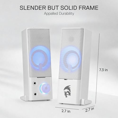 Redragon GS550 PC Gaming Speakers 2.0 Channel Stereo Enhanced Sound, White | Compact Maneuverable Size, Headphone Jack, Decent Red Backlight, Plug & Play USB Powered Desktop Computer Speaker - color: White