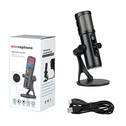 Andoer USB Condenser Microphone Cardioid Mic with RGB Lights One-Button Mute Headphone Real-time Monitoring with Desktop Mic Stand for Smartphone Laptop PC Live Streaming Video Conference Online