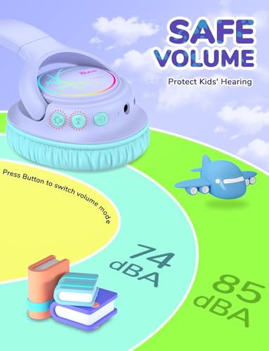iClever BTH18 Kids Bluetooth Headphones LED Lights for Toddler Boys Girls | SafeSound Tech, 43H Playtime Stereo Sound, USB C Charging AUX Cable, Over Ear Kids Headphones Wireless for iPad/Tablet/Travel - color: Purple