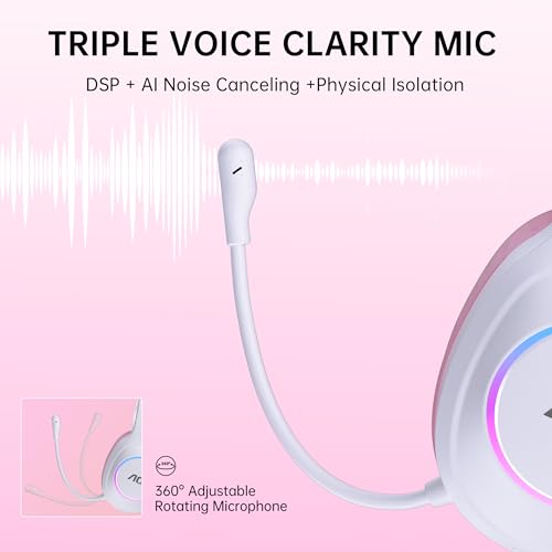 AOC PS5/4, 스위치, PC와 호환되는 무선 게이밍 헤드셋 - 핑크 | USB-C 및 블루투스 5.4 및 2.4GHz 게이밍 헤드폰, 노이즈 캔슬링 마이크, 7.1 가상 서라운드, 20ms 대기 시간, 45H, RGB - color: 핑크