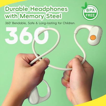 ANCwear Kids Open Ear Headphones, 85dB Volume Limit, Ages 5+ | 17g air conduction design with IPX6 water resistance, mic, magnetic charging and 10H battery for school, sports and travel - color: Beige