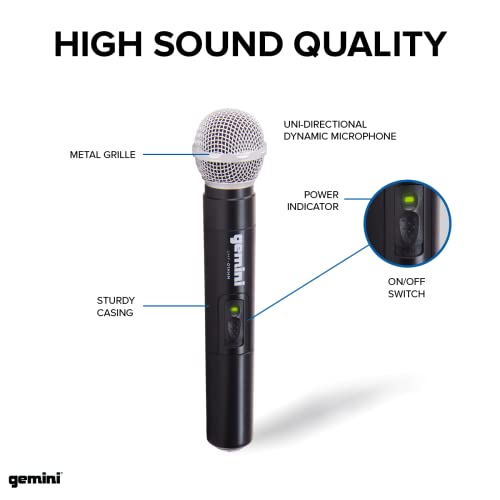 Gemini Dual-Channel UHF Handheld Microphone System (UHF-02M-S12) | Dual-channel UHF handheld mics, 517-521 MHz - 150 ft range - dual volume controls - auto-pair, ABS