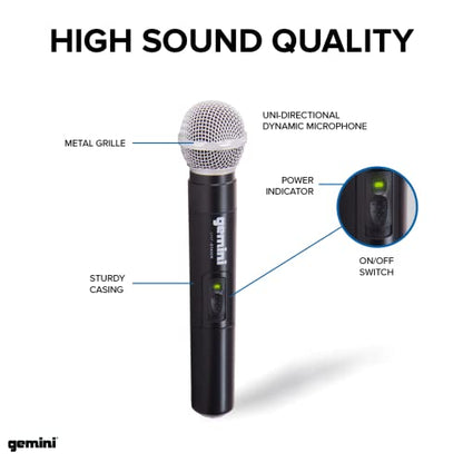 Gemini Dual-Channel UHF Handheld Microphone System (UHF-02M-S12) | Dual-channel UHF handheld mics, 517-521 MHz - 150 ft range - dual volume controls - auto-pair, ABS