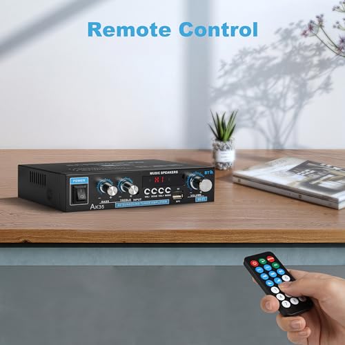 Stereo Amplifier AK35 Bluetooth 5.0 Receiver Home Audio 100Wx2 Dual Channel Speaker Amplifier with FM Radio, USB, SD Card Input for Home Theater Audio Stereo System with Remote Control