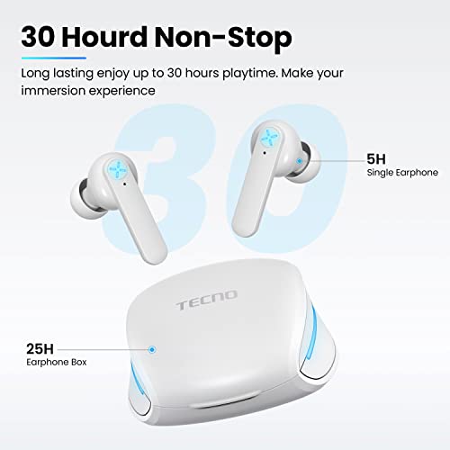 Tecno Wireless Gaming Earbuds with Microphone, 50ms Ultra-Low Latency Bluetooth Earbuds, Noise Cancelling, 25H Playtime, G01 White