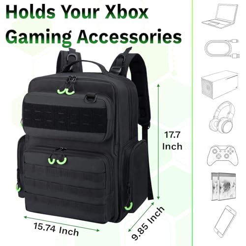 Wigojoy Travel Carrying Case Compatible with Xbox Series X/S | Multiple Pockets of Storage Space Tactical Portable Backpack, Accommodates 15.6'' Laptop and Other Xbox Accessories, Green