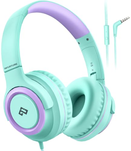 INFURTURE Kids Headphone for School with Microphone, 3.5mm Wired Headphone | Adjustable for Boys/Girls, Soft Ear Muffs, Volume Limit, Foldable, Lightweight On-Ear Headphones for ipad/Travel/Tablet - color: Green
