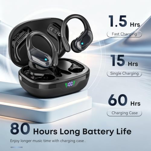 HAOYUYAN Wireless Earbuds, Sports Bluetooth Headphones, Noise Canceling Ear Buds with 80hr Playtime, LED Power Display, IPX7 Waterproof Earphones for Gym/Workout - color: Black