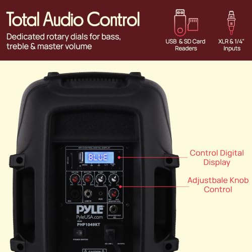 Pyle 10" Wireless Portable PA System - 1000W High Powered Bluetooth Compatible Active + Passive Pair Outdoor Sound Speakers w/USB SD MP3 AUX - 35mm Mount, 2 Stands, Microphone, Remote - PPHP1049KT - size: 10 in
