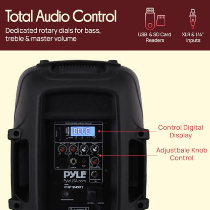 Pyle 10" Wireless Portable PA System - 1000W High Powered Bluetooth Compatible Active + Passive Pair Outdoor Sound Speakers w/USB SD MP3 AUX - 35mm Mount, 2 Stands, Microphone, Remote - PPHP1049KT - size: 10 in