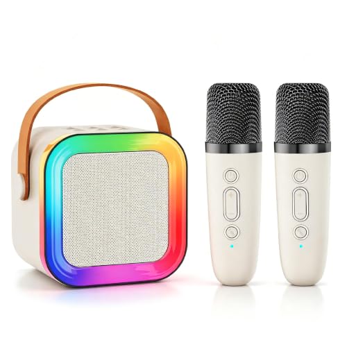 Mini Kids Karaoke Machine Toy Ages 3-12, 2 Wireless Mics Bluetooth Speaker | LED Party Lights, Voice Changer, Duets, BT 5.3, Rechargeable Portable, Christmas Birthday Gifts for Toddler Boys & Girls - color: Off-White - 2 Mics