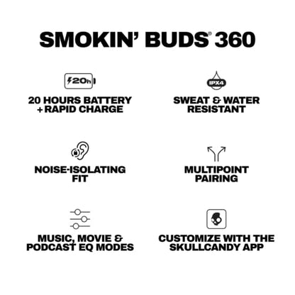 Skullcandy Smokin’ Buds 360 Wireless Noise Isolating Earbuds - True Black | In-Ear Fit, Bluetooth, 20 Hours Battery, IPX4 Sweat and Water Resistant, Microphone for iPhone Android, Commuting, Studying - color: True Black