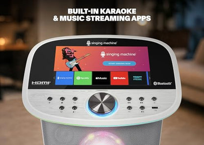 Singing Machine Karaoke Machine Screen, WiFi, Music Apps, 2 Microphones | Portable Karaoke Machine/Speaker for Adults & Kids, Ideal for House Parties, Compatible with YouTube & Spotify - color: white