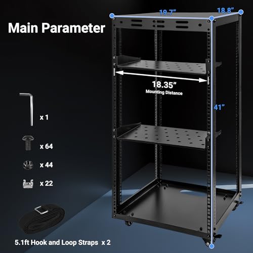 20U Server Rack w/ 2 Racks, Versatile Open Frame IT Rack | Wall-Mount AV Rack w/ Top & Bottom Panels, Hook and Loop Straps for 19" Stereo/Data/IT/Computer Equipment - size: 20U