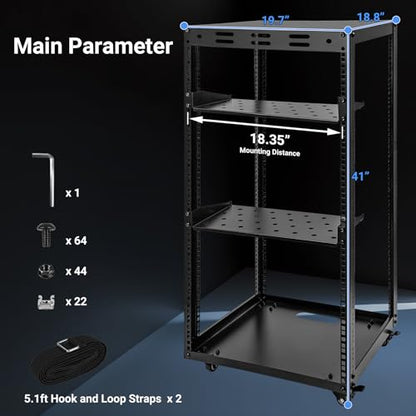 20U Server Rack w/ 2 Racks, Versatile Open Frame IT Rack | Wall-Mount AV Rack w/ Top & Bottom Panels, Hook and Loop Straps for 19" Stereo/Data/IT/Computer Equipment - size: 20U