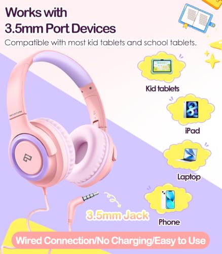 INFURTURE Kids Headphone for School with Microphone, Pink Wired Headphones | Adjustable for Boys/Girls, Soft Ear Muffs, Volume Limit, Foldable, Lightweight On-Ear Headphones for ipad/Travel/Tablet - color: Pink