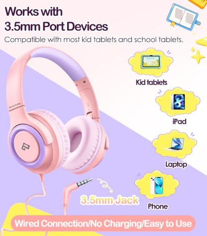 INFURTURE Kids Headphone for School with Microphone, Pink Wired Headphones | Adjustable for Boys/Girls, Soft Ear Muffs, Volume Limit, Foldable, Lightweight On-Ear Headphones for ipad/Travel/Tablet - color: Pink