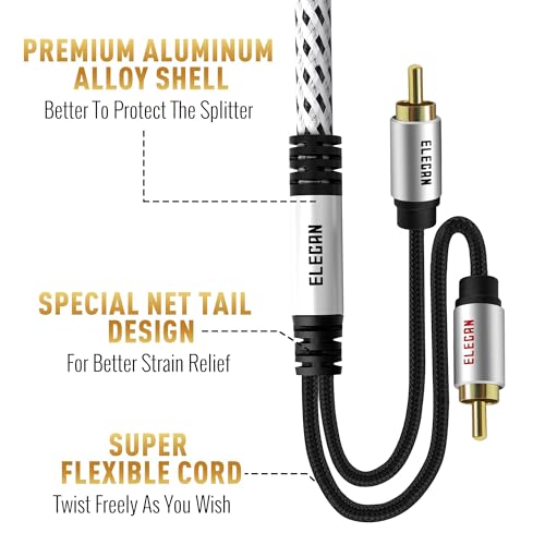 Premium RCA Cable 35 Ft (Hi-Fi Sound-16 AWG-Shielded) 2 RCA Male to 2 RCA Male Stereo Audio Cable, Gold Plated-Aluminum Alloy Shell-Pure Copper-Braided RCA Cord for Home Theater Speakers + Ties - size: 35FT
