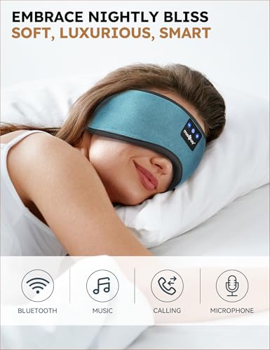 MUSICOZY Sleep Headphones Bluetooth 5.4 Sleep Eye Mask with HD Speakers | Soft Cotton Fabric, Flat Design, 14 Hours Playtime, Washable Headband Style for Side Sleepers, Travel Meditation Relaxation - color: Light Blue
