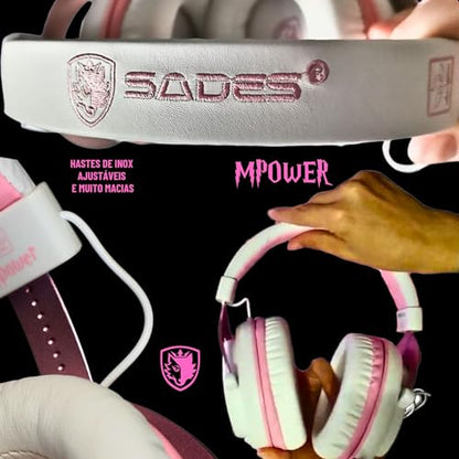 SADES MPOWER Stereo Gaming Headset for PS4, PC, Mobile, Noise Cancelling Over Ear Headphones with Retractable and Flexible Mic & Soft Memory Earmuffs for Laptop Nintendo Switch Games-Angel Edition - color: White, Light Pink